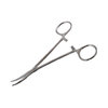 Locking hemostat, stainless steel with curved safety tip.