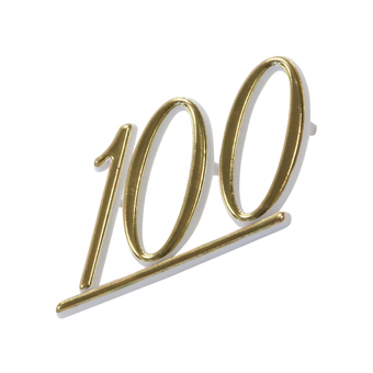 Genuine Marshall® "100" nameplate logo, goldface on white plastic, 75x41mm