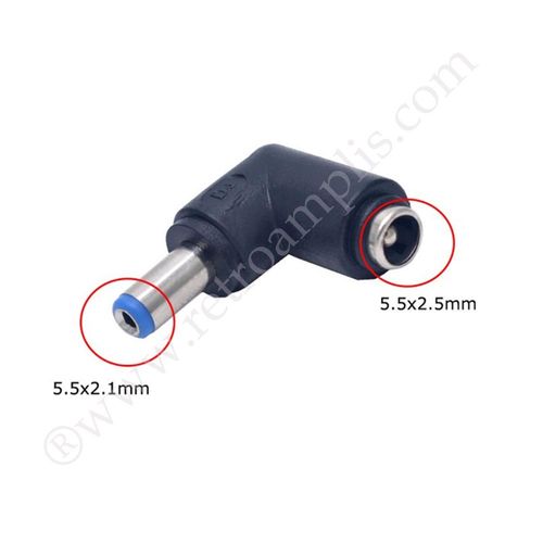 DC power plug 2.1x5.5mm (male) to 2.5x5.5mm (female) 90º adapter